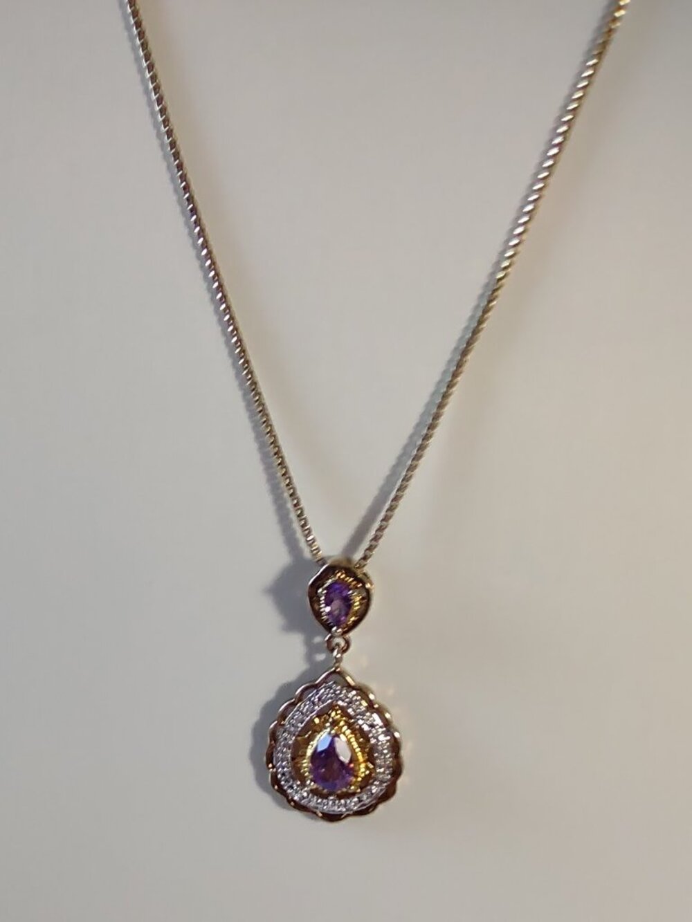 Necklace-2 Amethyst Stones Pendant- + 17.5" Box Chain - Sterling Silver 925 - Picture 6 of 14